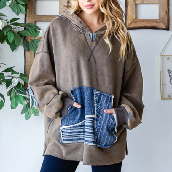 Oli & Hali Star Denim Patchwork Mineral Wash Hoodie Sweater - Picture 7 of 7